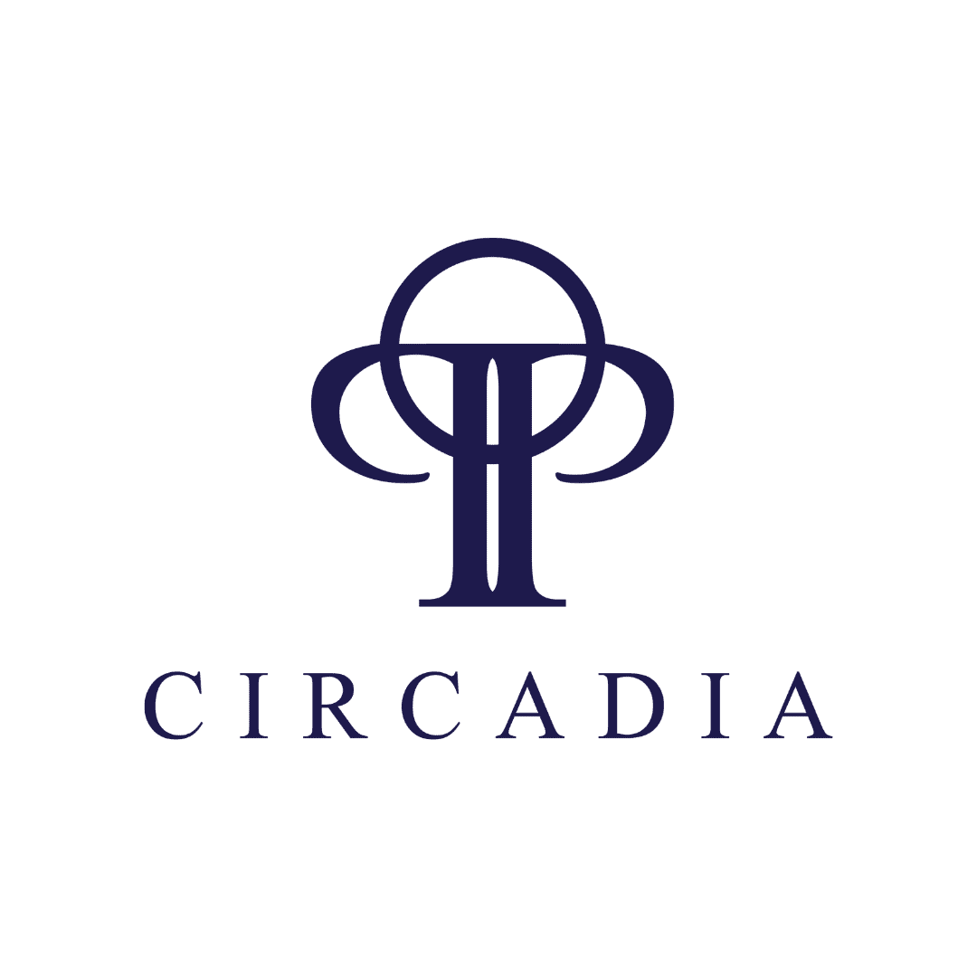 Logo of Circadia with stylized 'C' and 'P' design in dark blue.