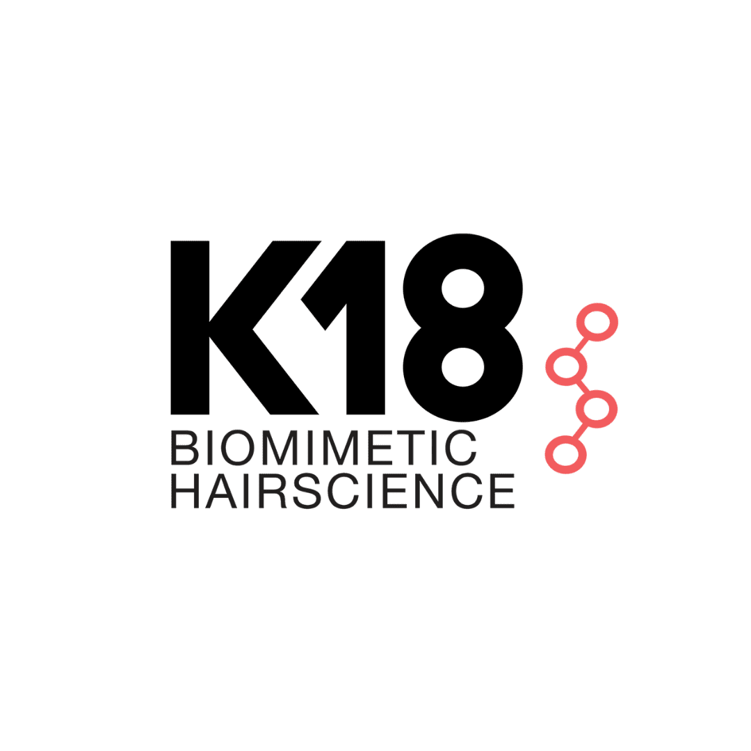 K18 Biomimetic Hairscience logo with stylized pink molecular design.