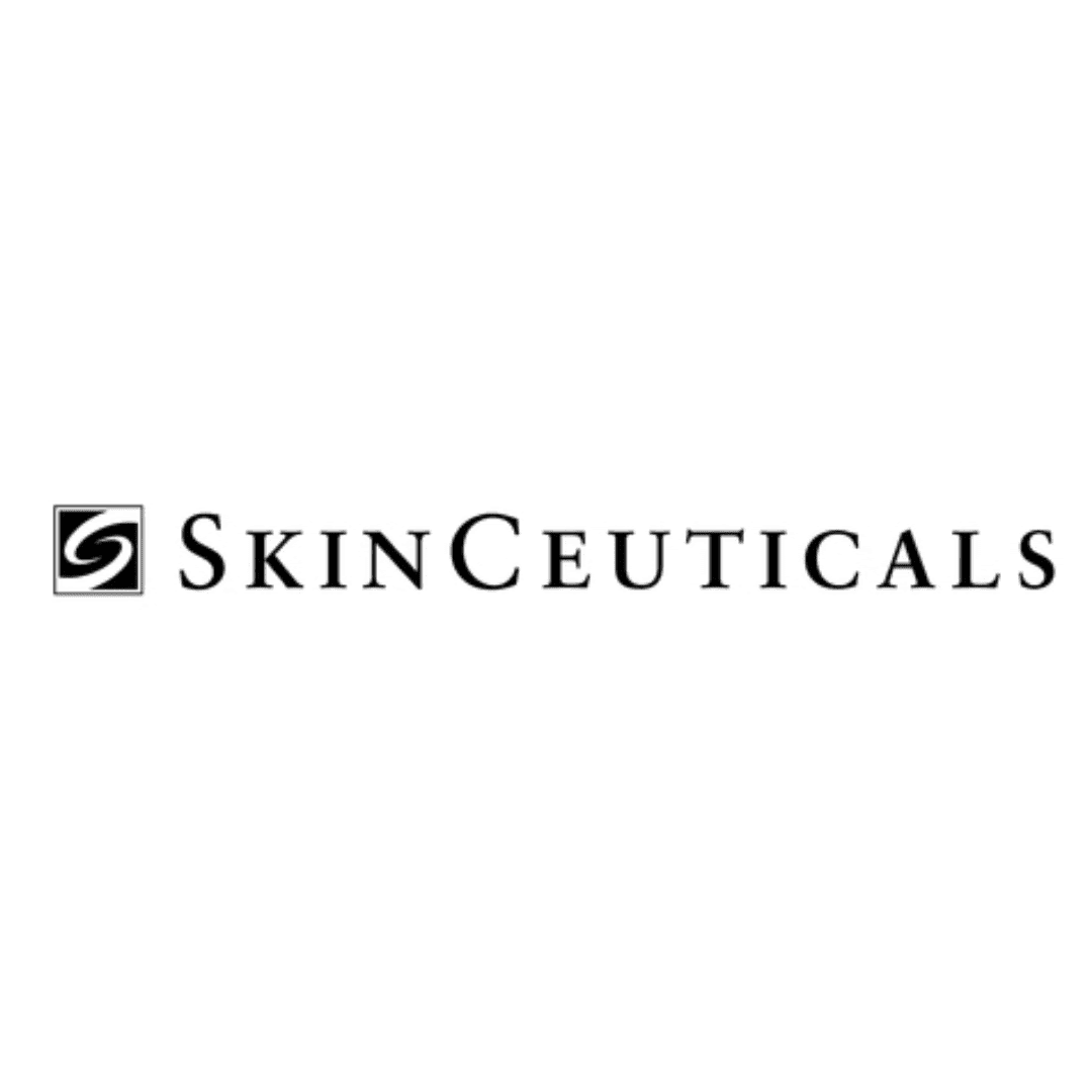 SkinCeuticals logo in black text with a leaf symbol on the left side.