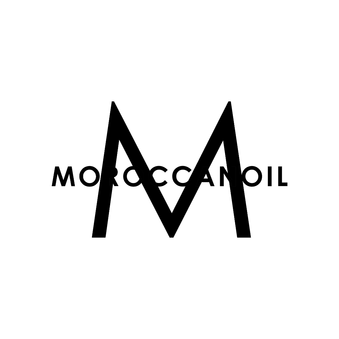 Moroccanoil logo with a large stylized letter 'M' and text overlay.